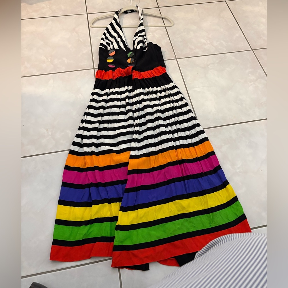 Vintage Striped Halter Dorothy Shoelen Maxi Dress with Rainbow Bands - Picture 2 of 6